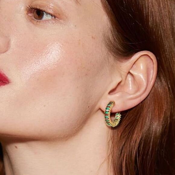 14K Yellow Gold with Ruby and Emerald Cubic Zirconia Hoop Leverback Earrings - Picture 5 of 6